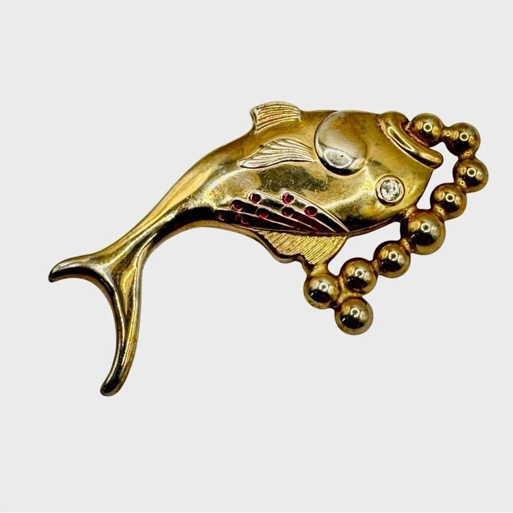 Vintage Gold Tone Fish Brooch Rhinestone & Pink Crystal Details MCM Figural Pin